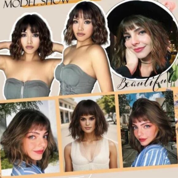 NEW Short Brown Wig with Highlights - Picture 3 of 4